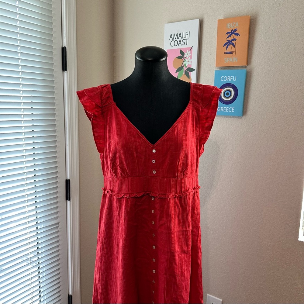 Betsey Johnson Red Midi High Low Dress with Ruffle Sleeves